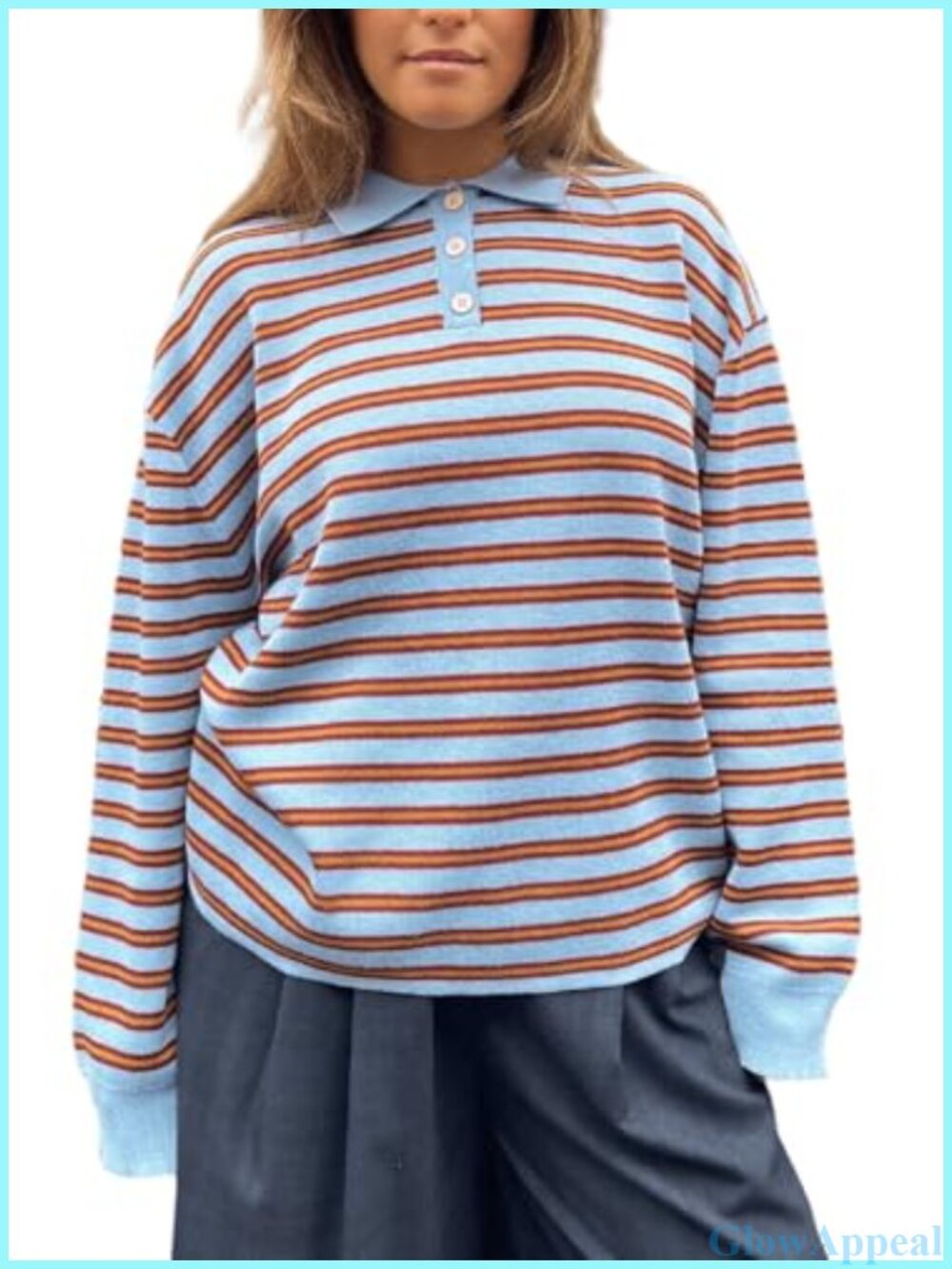 Striped Rugby Polo Sweater Oversized Long Sleeve Pullover